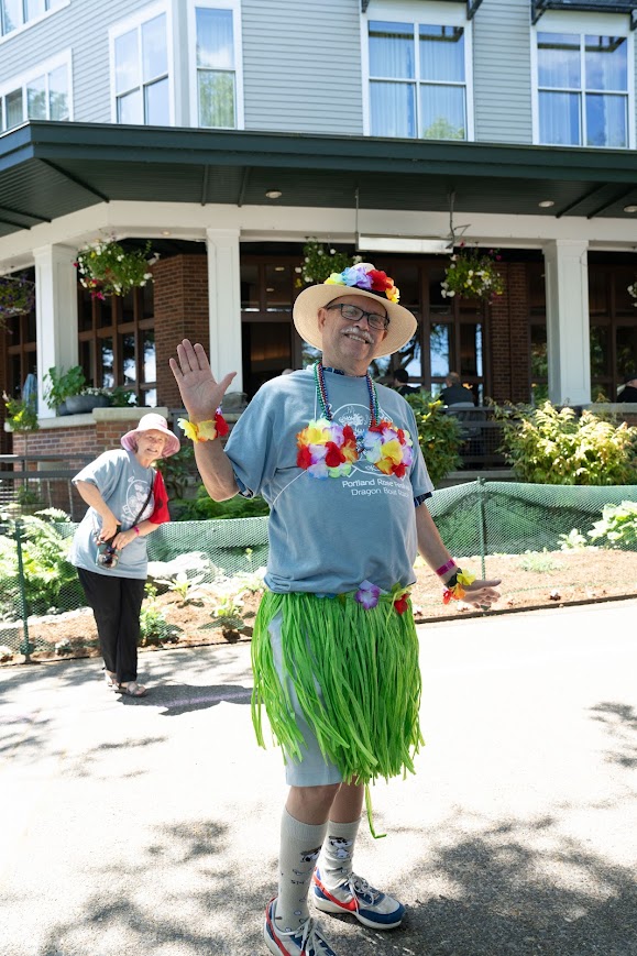A volunteer, Mike, at the rallying point for teams before a race.