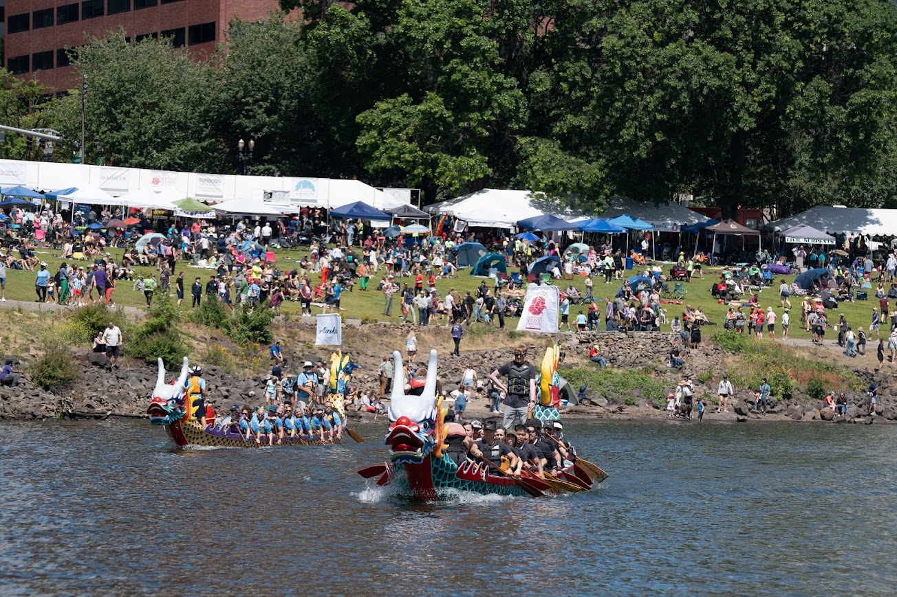 Traditional-Style Dragon Boat in front of the crowd in the Bowl.