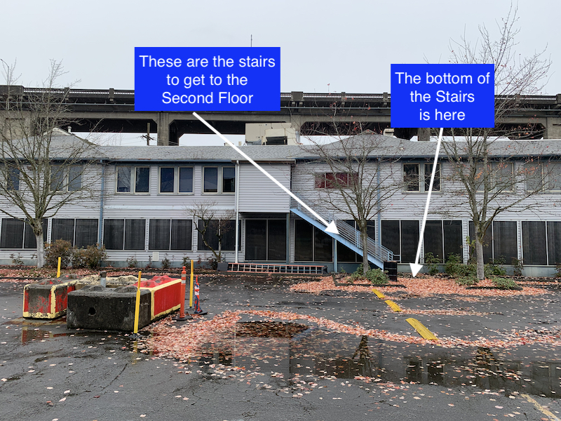 Below is the view of the south side of the building where the stairs are to access the upstairs.
